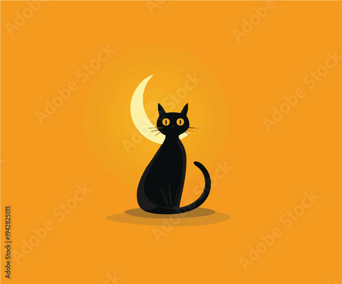 Black cat sitting in front of a crescent moon and glowing orange background