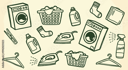 Laundry room essentials and cleaning supplies illustration
