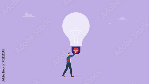 Entrepreneurs push restart button on idea light bulb. Rethinking to make changes for better results, restarting old ideas into new ideas, thinking of new ways to solve problems.