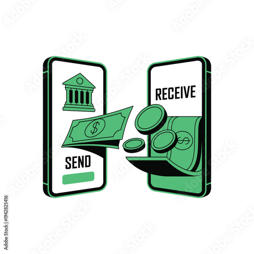A graphic illustration of mobile phones sending and receiving money