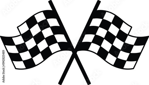 Two crossed checkered flags on a white background symbolizing racing victory