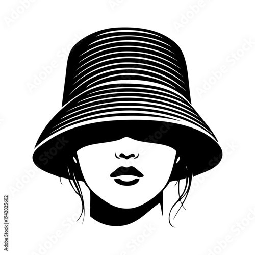 Logotipo boutique de moda. Dibujo de la cabeza de una mujer con un elegante sombrero vintage de paja