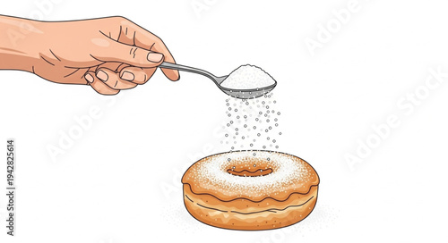 Hand Sprinkling Sugar on Donut.