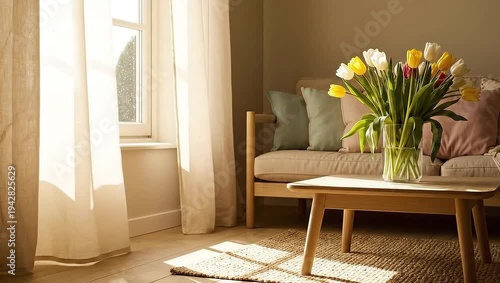 Wallpaper Mural Sunlight streaming through curtains in a cozy living room. Torontodigital.ca