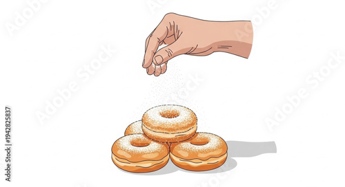Hand Sprinkling Sugar on Donuts.
