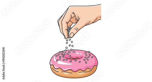 Hand Sprinkling Sugar on Pink Donut.