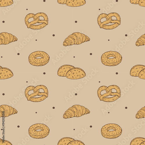 Artisan Pastry Medley Seamless Pattern on Beige Background. Hand-Drawn Bakery Wallpaper featuring Pretzels, Croissants, and Donuts for Craft Food Packaging, Cafe Branding, and Vintage Kitchen Decor