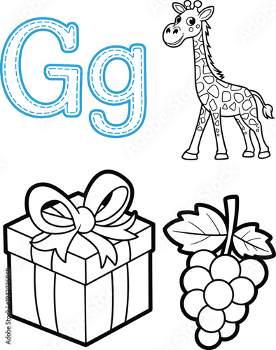 Blue uppercase and lowercase letter g with giraffe, gift box, and grapes