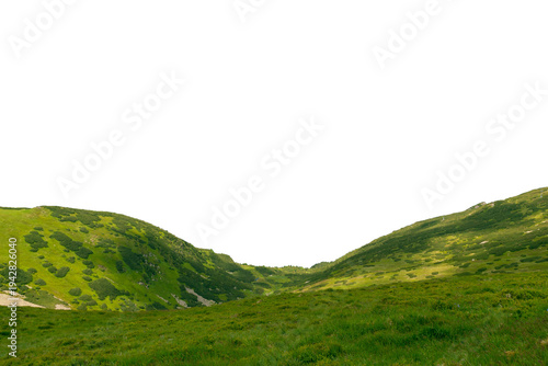 Mountain valley rising with grassy slopes in alpine meadow. Isolated object