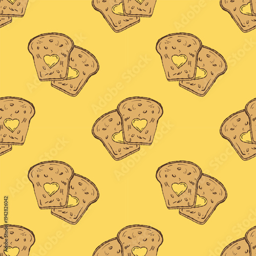 Sliced Bread with Hearts Seamless Pattern on Mustard Yellow Background. Romantic Breakfast Wallpaper for Bakery Branding, Love Themed Kitchen Decor, and Artisan Food Wrap.
