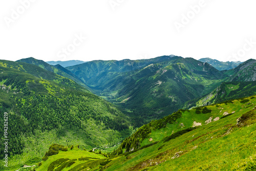Mountain valley opening into distant green alpine landscape. Isolated object