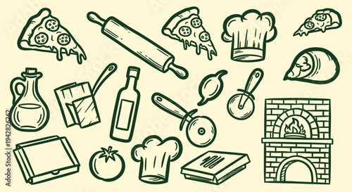Pizza Making Ingredients and Tools Doodle Collection