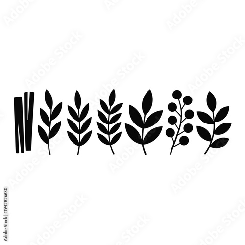 A collection of black silhouettes of various leaves and stems