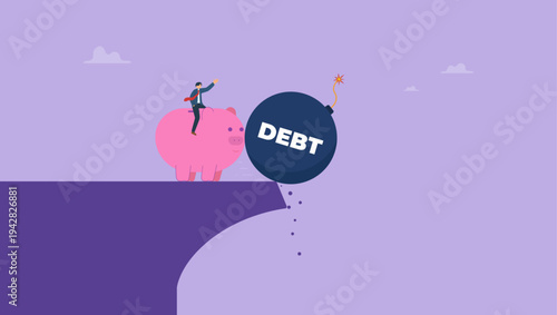 Financial freedom concept. Businessman ride piggy bank to pushing the debt from the top of the hill.