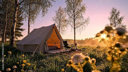 Wallpaper Mural Camping tent in a field at sunrise. Torontodigital.ca