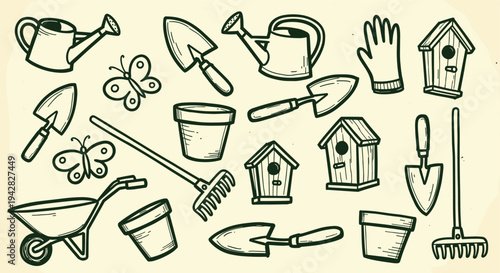 Gardening tools and supplies illustration with birds and butterflies