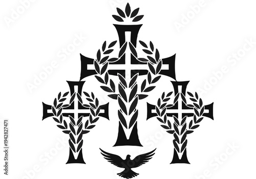 Minimalist Christian Cross Emblem with Laurel Wreath and Dove in Black and White