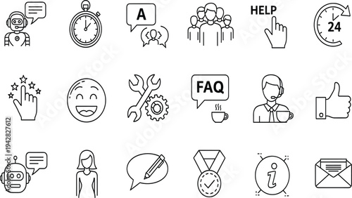 Customer Service and Technical Support Line Icon Set Featuring Chatbot Assistant FAQ Help Desk 24-7 Response Feedback System and Problem Solving