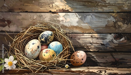 Easter eggs in nest on rustic wooden planks 