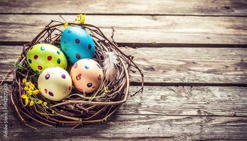 Easter eggs in nest on rustic wooden planks 