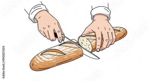 Hands Cutting Fresh Bread Loaf.