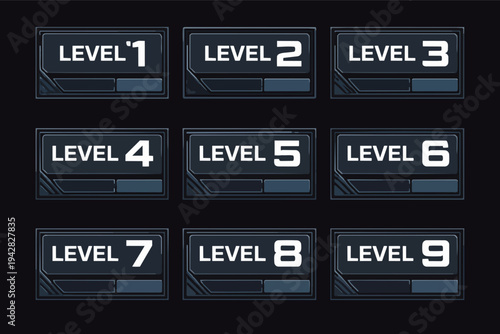 Video game level selection menu interface displaying progression and futuristic design