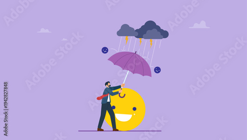 Businessman holding umbrella and protecting positive emotion. Motivation, keeping a good mood, mental health, optimism, psychology of positive thinking.. 