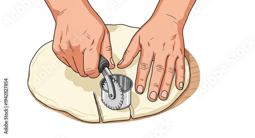 Hands Cutting Pizza Dough with Wheel.