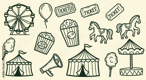 Carnival Circus Fun Fair Icons Set Ferris Wheel Tent Carousel Popcorn Tickets