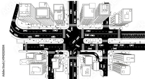 Aerial view of a busy city intersection with traffic and buildings.