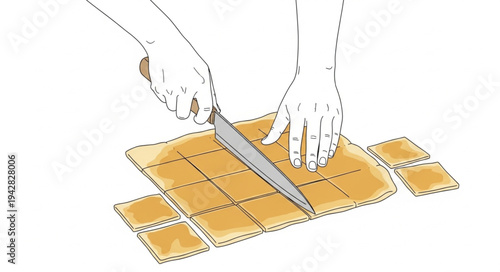 Hands Cutting Sushi Rolls with Knife.