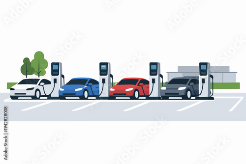 Electric vehicles charging in a parking lot, promoting sustainable transport