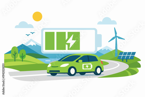 Electric car driving on road powered by green energy, battery charging concept