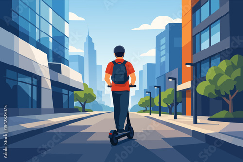 Man with helmet and backpack riding an electric scooter along a city street