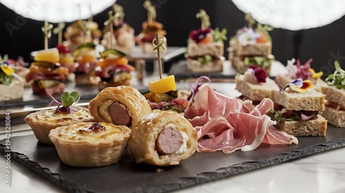 Close Up Variety of Gourmet Finger Foods Displayed on Black Slate Platter With Soft Lighting and Elegant Background