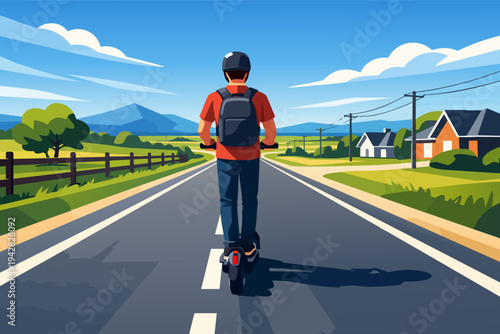 Man with backpack wearing a helmet, riding an electric scooter on a road