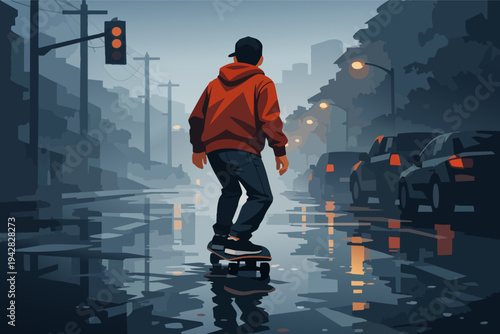 Skater riding wet urban street at dusk, reflecting city lights and traffic