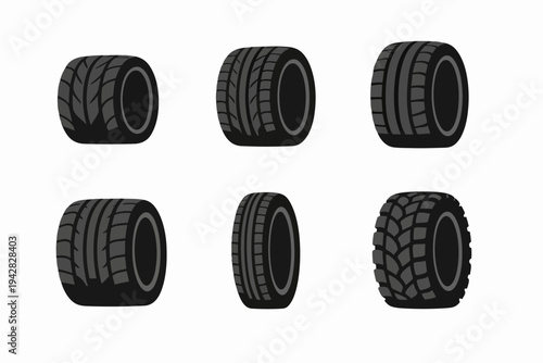 Car tires set displaying different tread patterns for automotive concepts