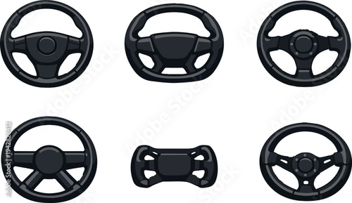 Set of different steering wheels presenting automotive control, technology, and driving