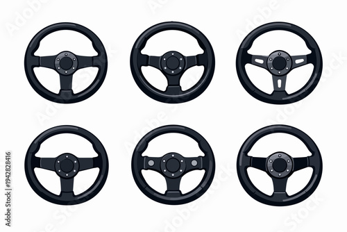 Steering wheel collection displaying various designs for car controls and driving sport