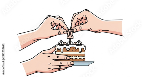 Hands Cutting Chocolate Birthday Cake.