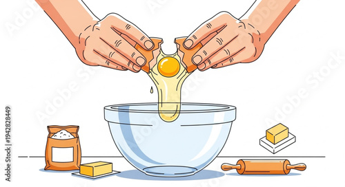 Hands Cracking Eggs into Bowl.