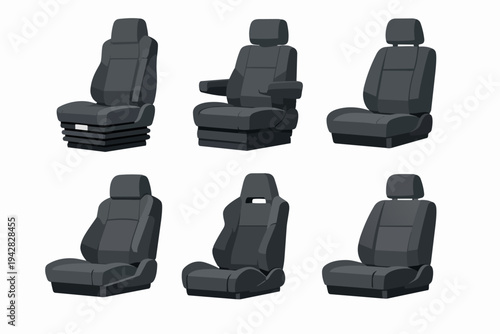 Set of vehicle seats including driver, passenger, and racing models for automotive design