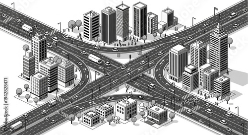 Busy City Highway Interchange with Traffic and Buildings.