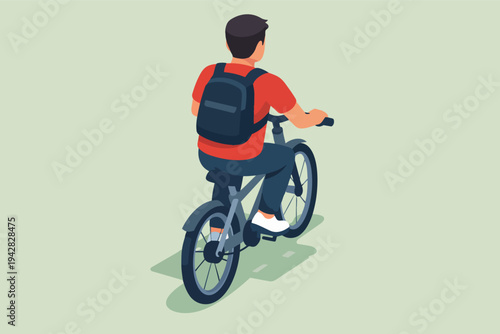 Male student riding bike with backpack, commuting to school or university