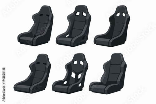 Racing bucket car seats collection displaying various designs for automotive sports