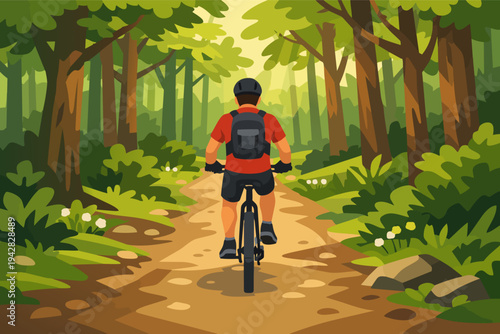 Mountain biker riding on a winding forest trail in nature, active outdoor lifestyle