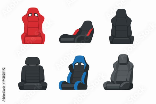 Collection of various car seats and racing bucket seats using a modern flat design