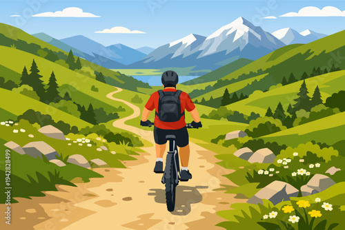 Mountain biker riding a winding trail through a green valley with snowy mountains