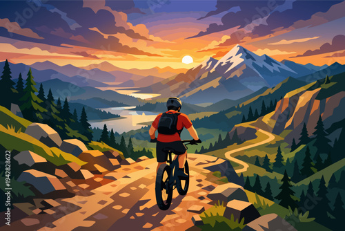 Mountain biker riding trail in a vast mountain landscape at colorful sunset
